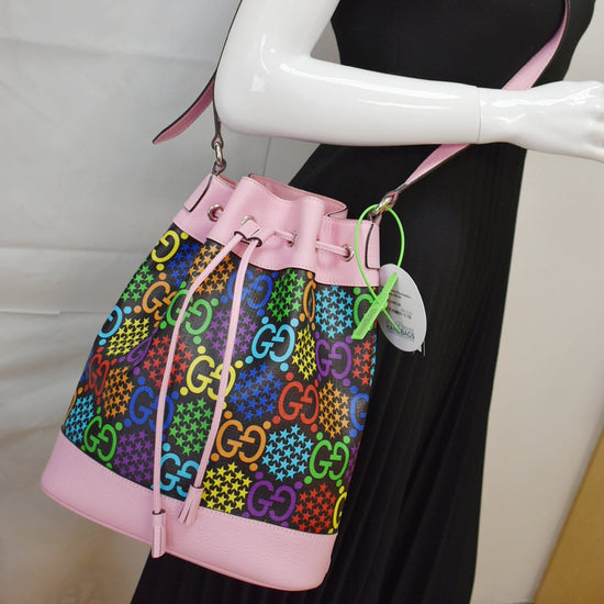 Authenticated Used GUCCI Gucci GG psychedelic bucket bag shoulder 598149  PVC leather black multicolor pink drawstring 