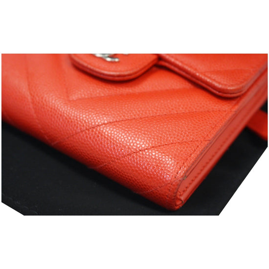 CHANEL Small Chevron Quilted Caviar Compact Flap Wallet Red