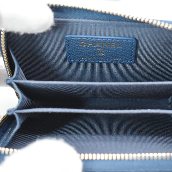 Chanel Blue Bicolor Quilted Maroon Trim Compact Zip Around Wallet 