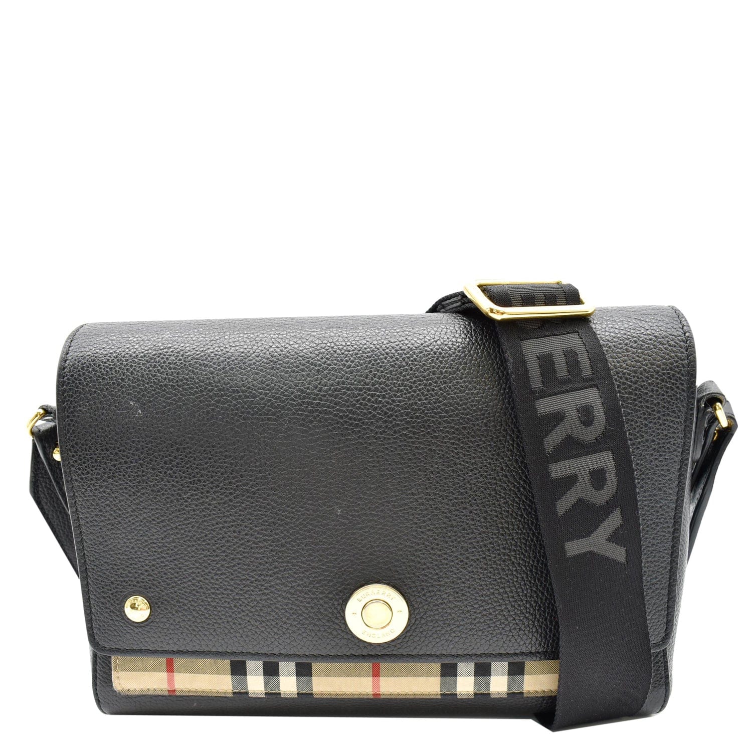 Burberry Leather and Vintage Check Note Crossbody Bag- Black
