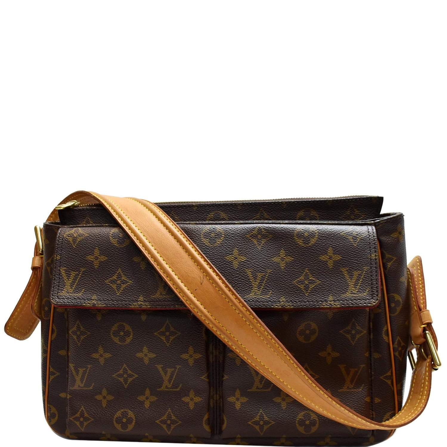 LOUIS VUITTON MONOGRAM CITE SHOULDER BAG, traditional brown monogram canvas  with leather trim and pale gold tone hardware, double zip closure at the  top and zippered front pocket, 25cm x 18cm H