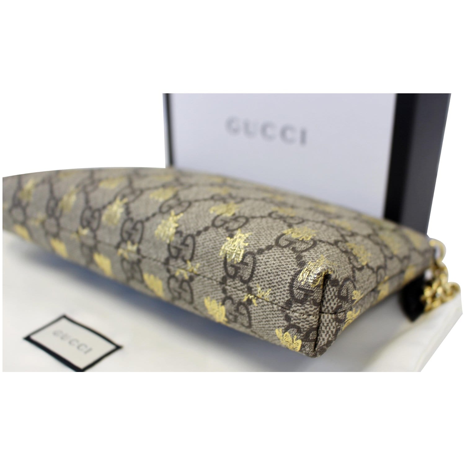 GUCCI Linea Bee GG Supreme Wristlet Handbag Beige/Gold-US