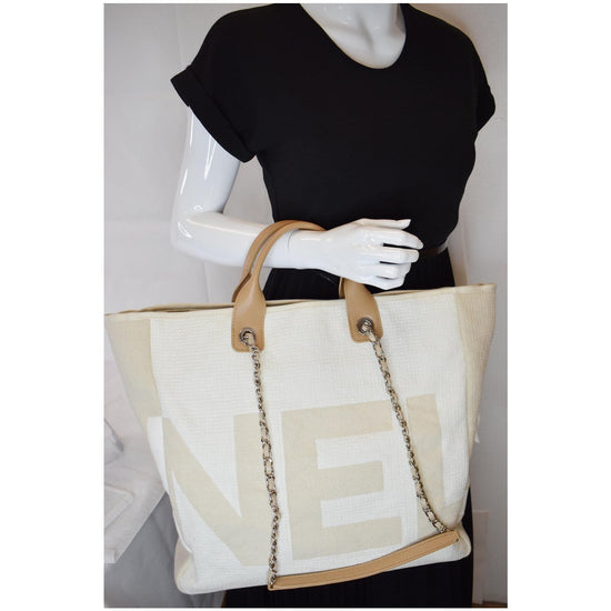 CHANEL 18P Deauville 2Way Logo Chain Shopping Tote Bag Beige