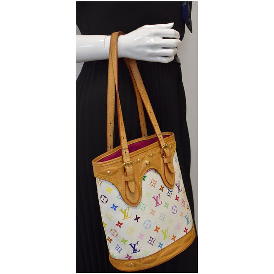 A LIMITED EDITION WHITE MONOGRAM MULTICOLORE CANVAS FRINGE BUCKET BAG,  LOUIS VUITTON