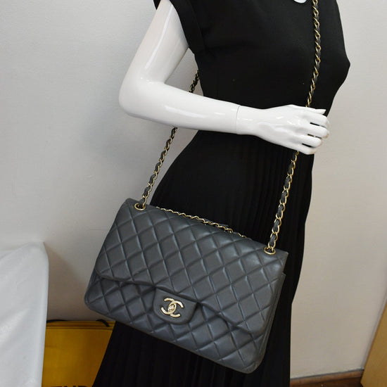 CHANEL Classic Jumbo Double Flap Lambskin Leather Shoulder Bag Grey