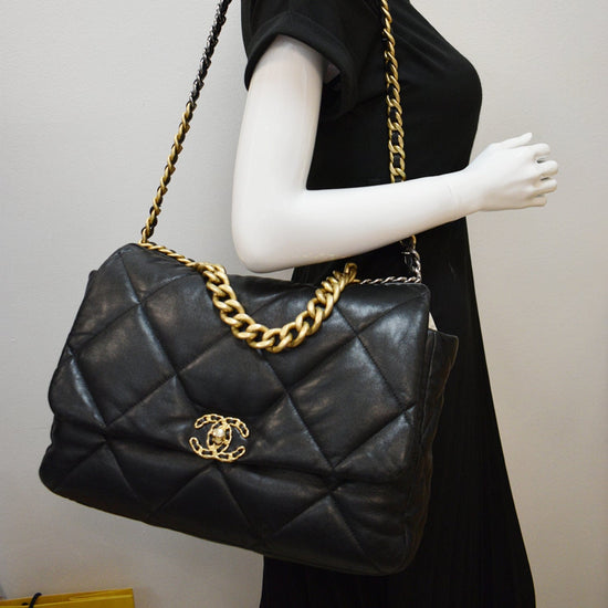 Chanel Black Quilted Lambskin Large Chanel 19 Flap Gold And