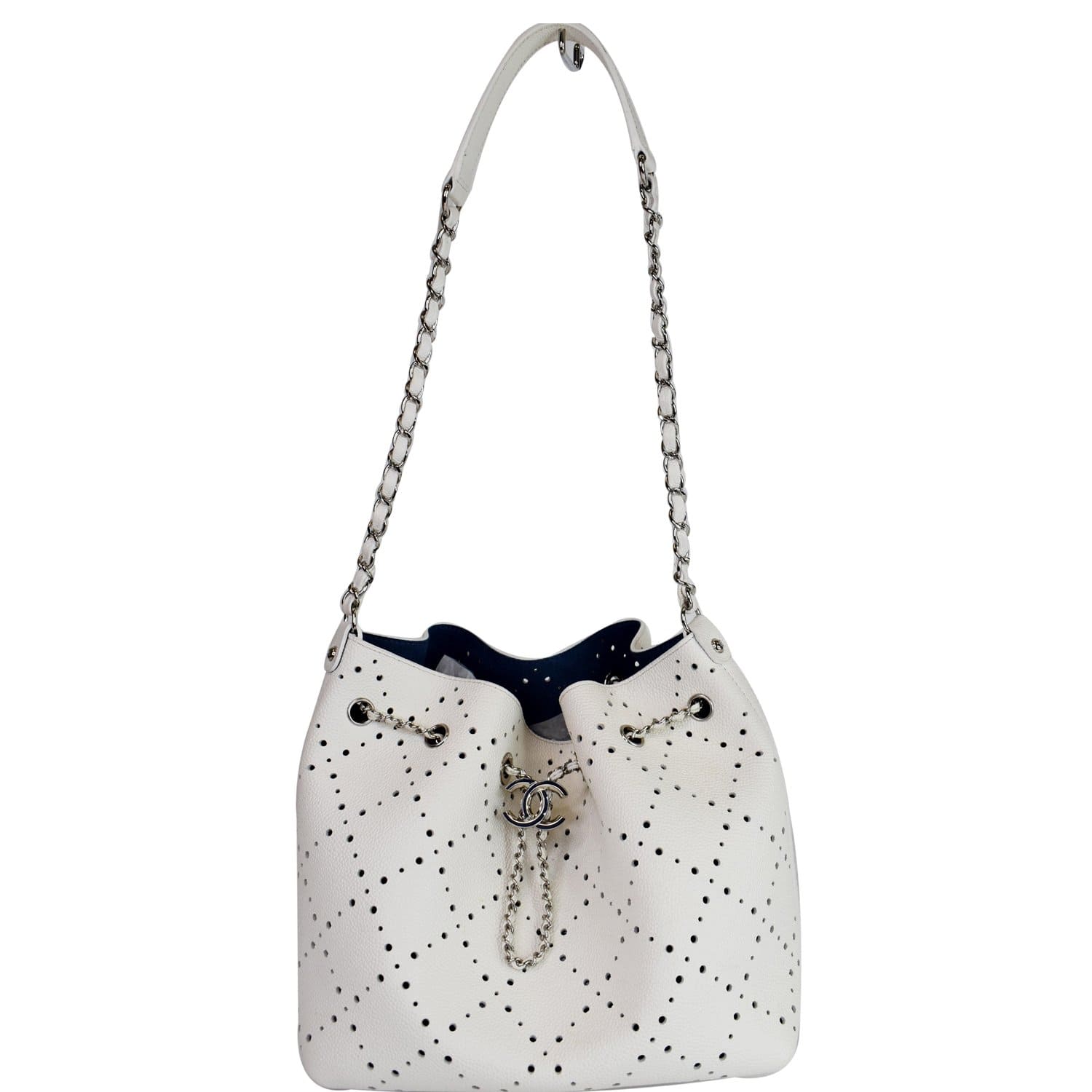 Chanel 2020 Pearl Logo Deauville Drawstring Bucket Bag - White