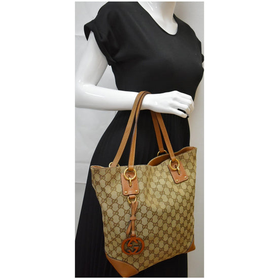 Gucci Large Bree Beige/Ebony GG Canvas Leather Tote Bag w/charm