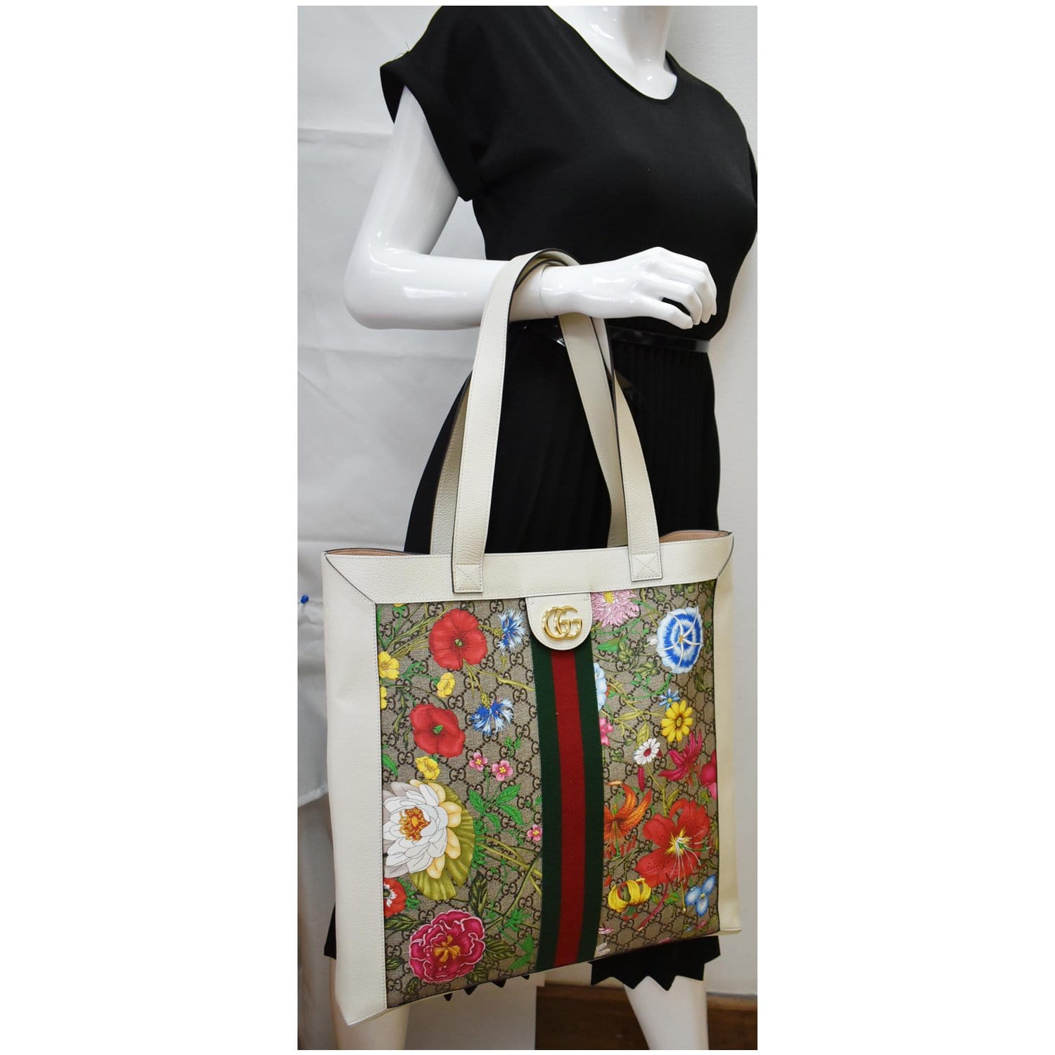 Gucci Ophidia GG Flora Vertical Shopping Tote Bag White