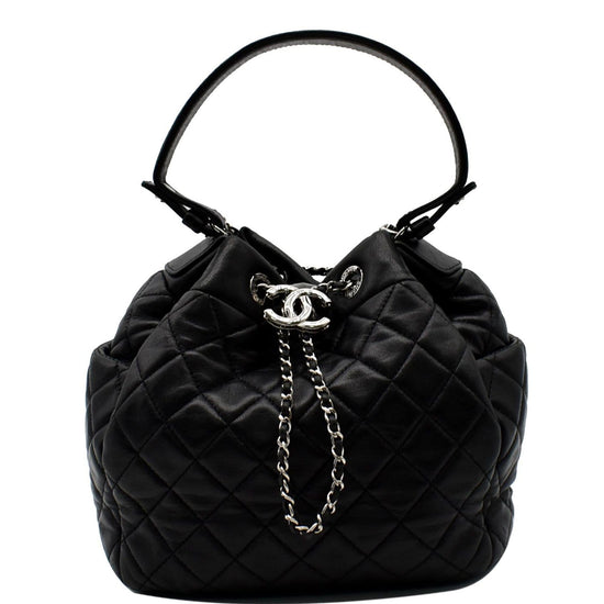 Vintage Chanel Black Satin and Leather Drawstring Bucket Bag For