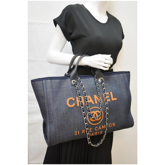 CHANEL Deauville Large Denim Tote Bag Navy Blue, Orange