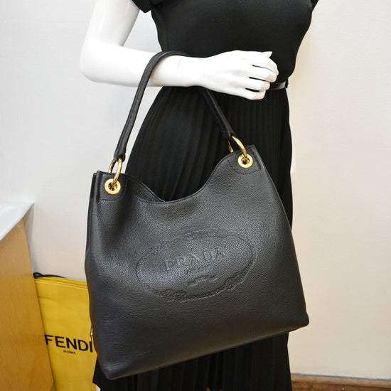 Prada Vitello Phenix Logo Leather Top Handle Bag in Black