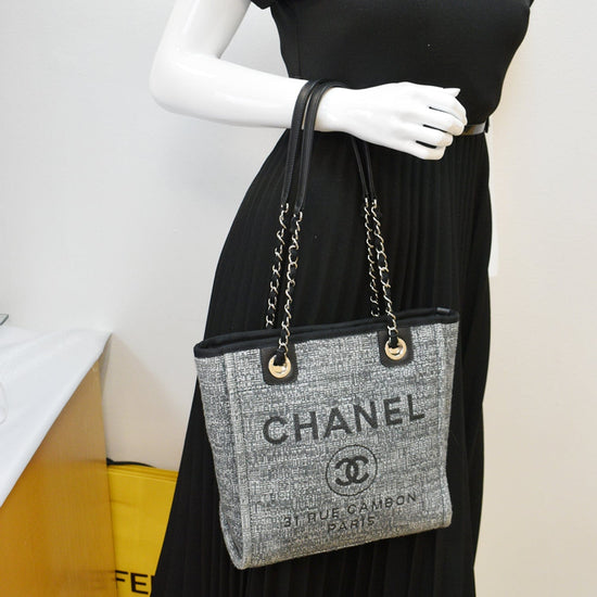 CHANEL Deauville Small Lurex Boucle Canvas Tote Bag Grey