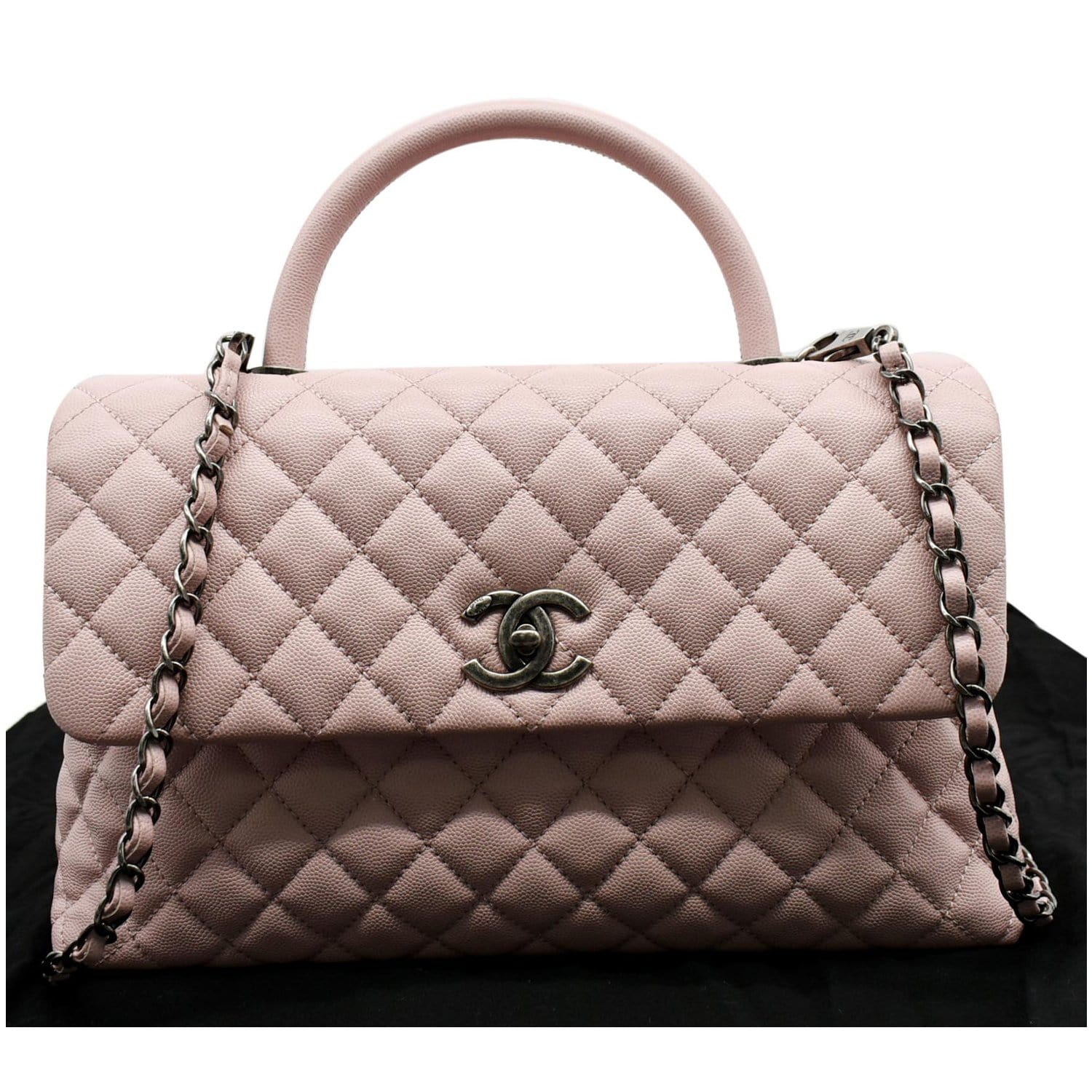 CHANEL Medium Coco Quilted Caviar Leather Top Handle Shoulder Bag Pink