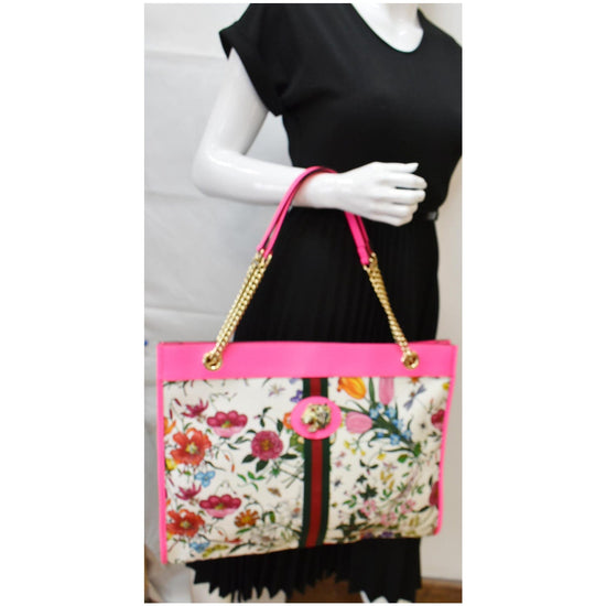 Gucci Navy Blue Leather Multicolor Floral Canvas Small Flora Tote