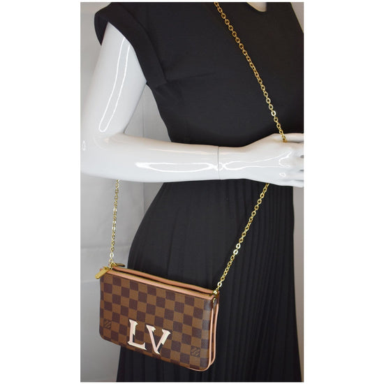 Louis Vuitton Neutrals, Pattern Print Damier Azur Double Zip Pochette L