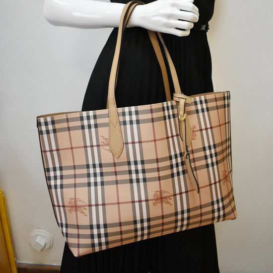 BURBERRY Reversible Haymarket Coated Canvas Tote Bag Tan