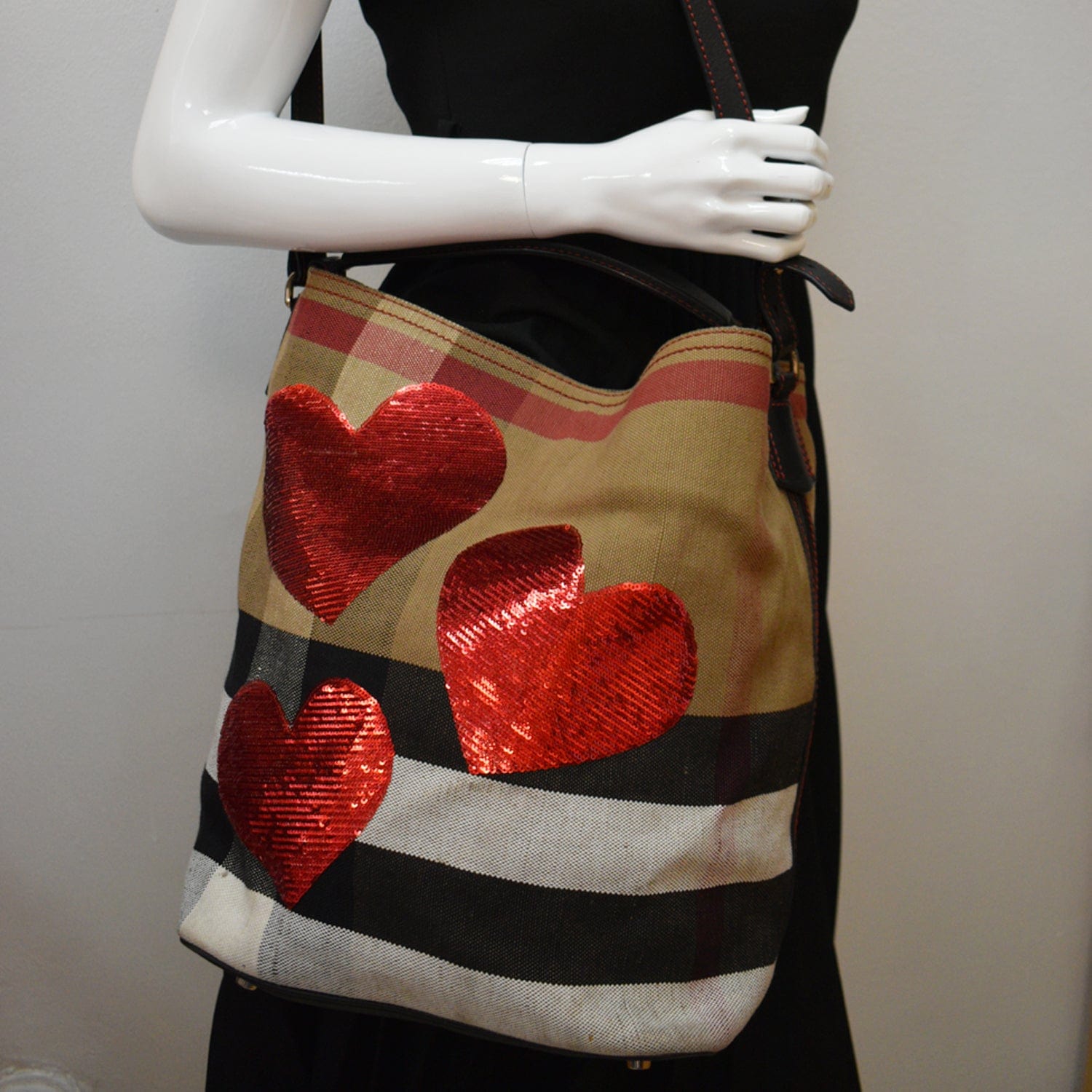 Burberry Ashby Medium Heart Check Canvas Shoulder Bag Multicolor