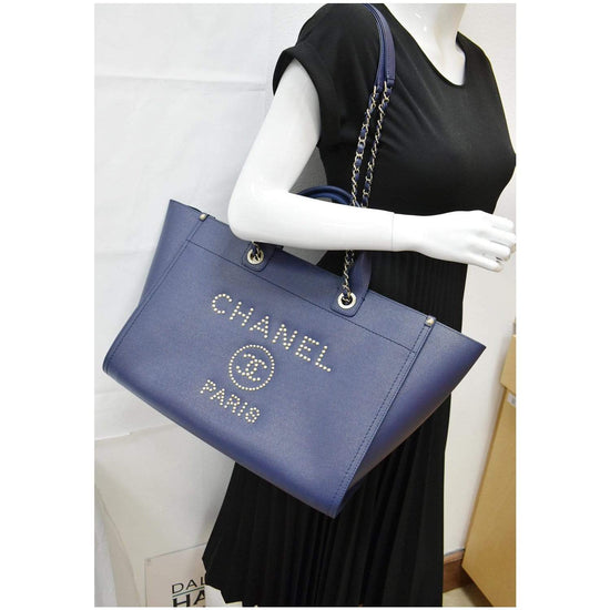 Authentic Chanel Caviar Leather Small Studded Deauville Navy