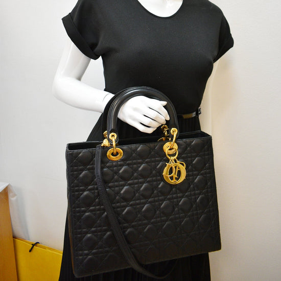 CHRISTIAN DIOR Large Lady Dior Cannage Lambskin Shoulder Bag Black