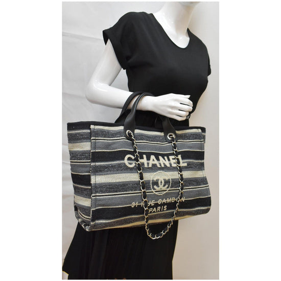 CHANEL DEAUVILLE LINE Chain Tote Bag MM Coco Mark Canvas Gray Women