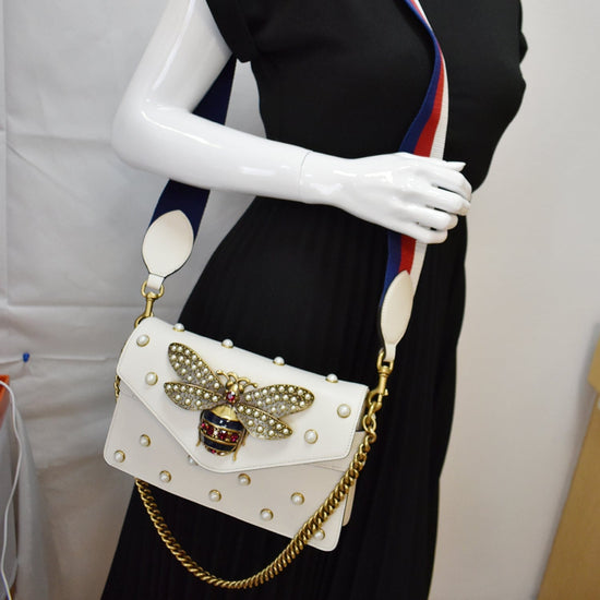 Gucci Broadway Pearl Bee Leather Crossbody Bag White