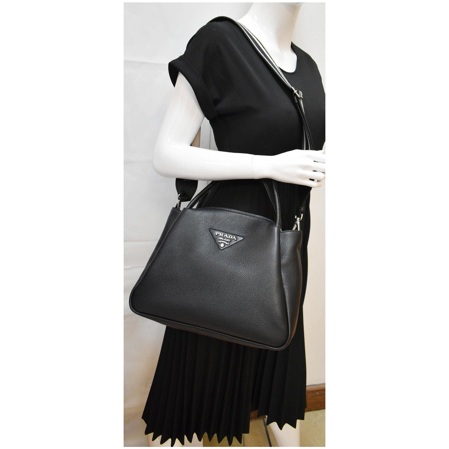 PRADA Flou Large Leather Shoulder Bag Black