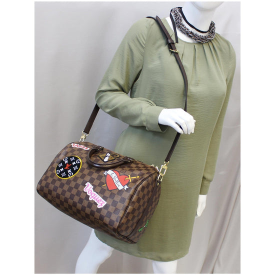 LOUIS VUITTON, PATCHES SPEEDY 30 BANDOULIERE OF DAMIER EBENE CANVAS WITH  POLISHED BRASS HARDWARE, Handbags & Accessories, 2020