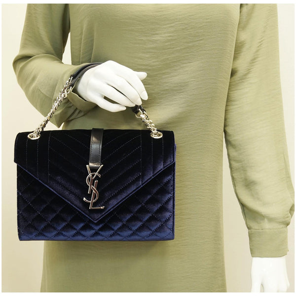 YVES SAINT LAURENT V Flap Tri-Quilt Velvet Shoulder Bag Navy Blue