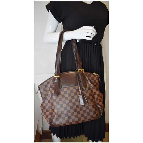 Damier Ebene Verona Medium Shoulder Bag in Calfskin, Gold Hardware