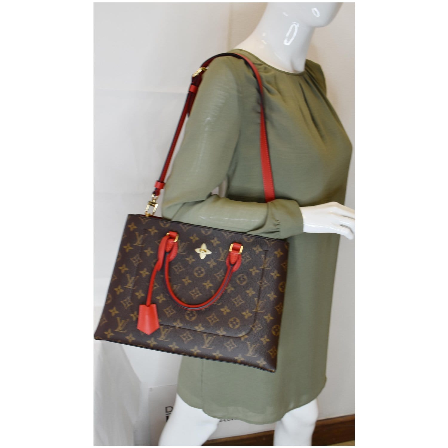 Red Leather and Brown Monogram Coated Canvas Flower Tote Gold Hardware, 2020