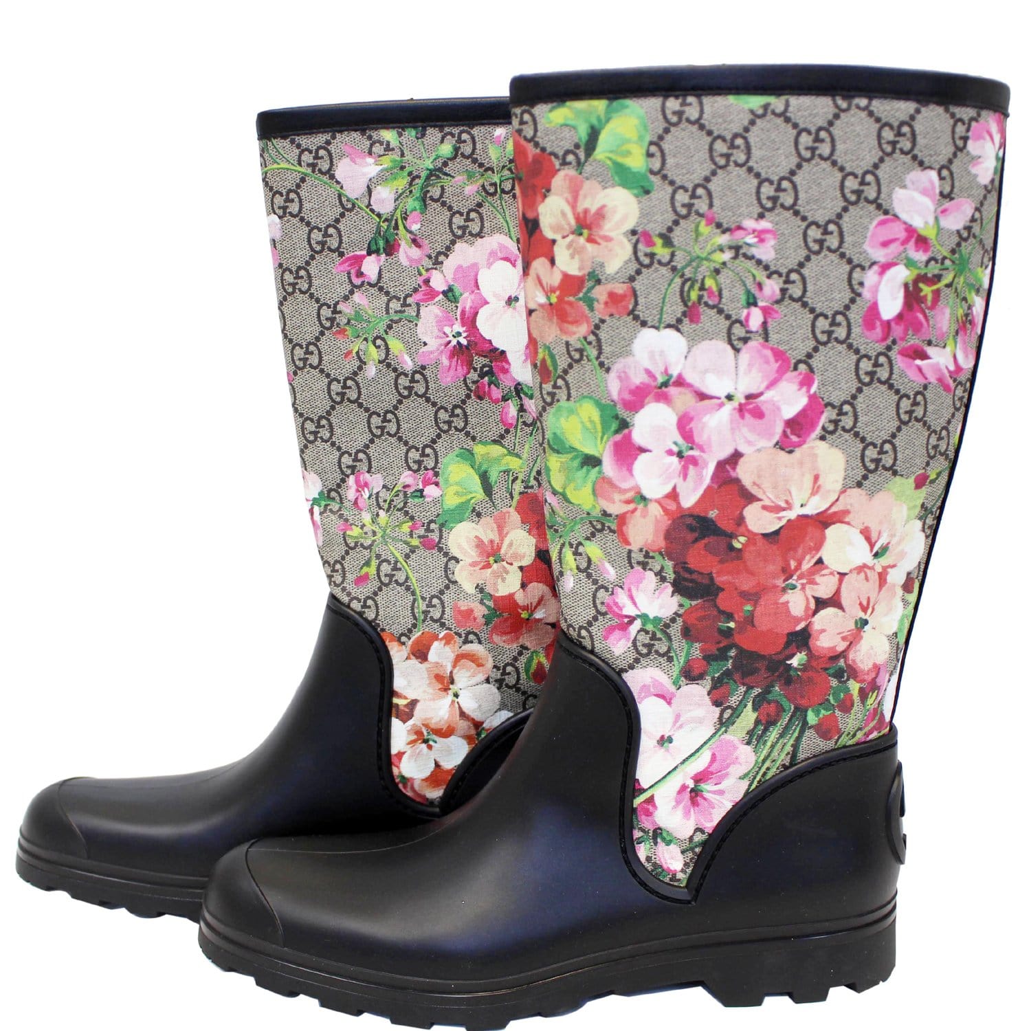 Gucci Flat Rubber Boots GG Supreme Monogram Blooms