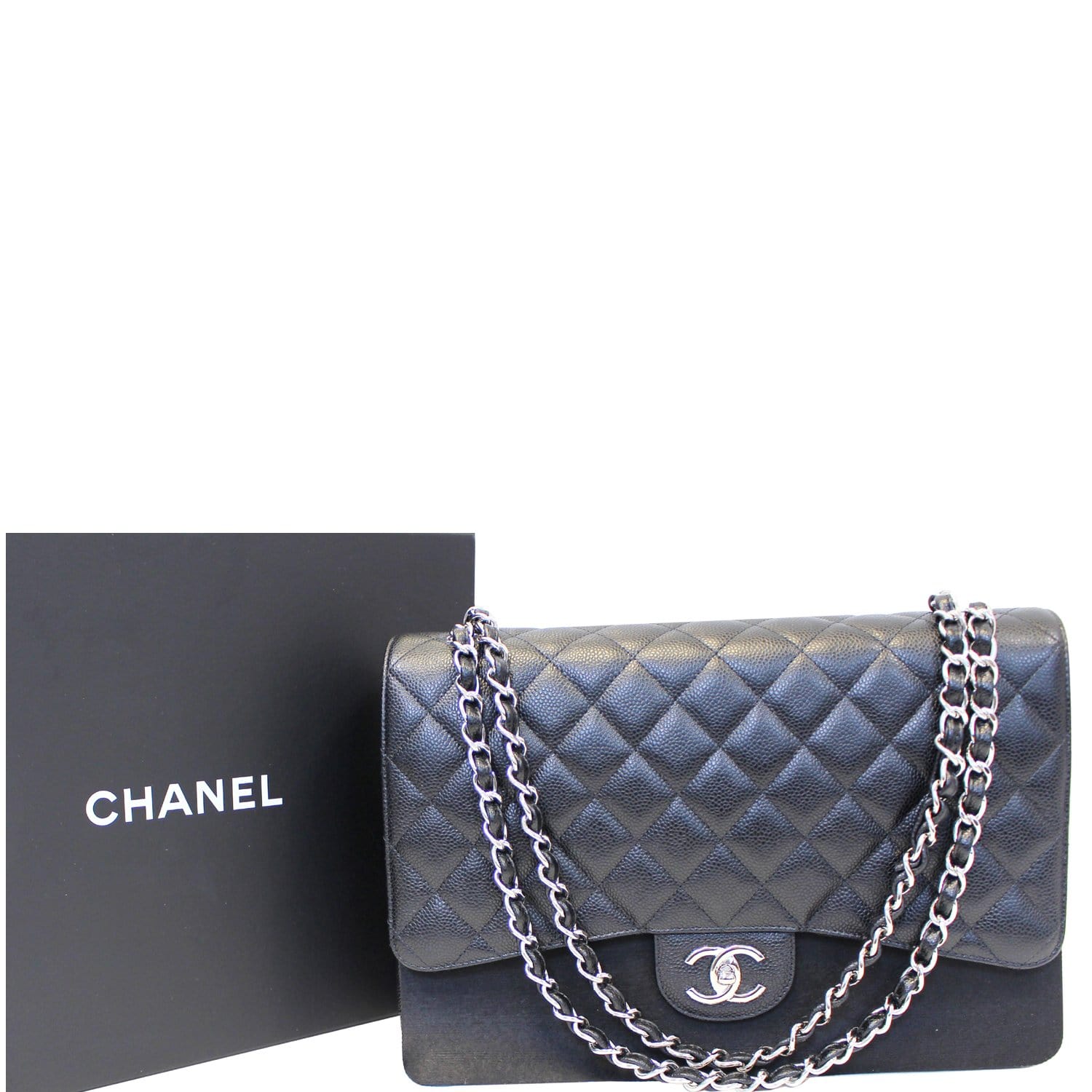Chanel Quilted Caviar Leather Classic Maxi Double Flap Silver Hardware 2.55  Black Cross Body Bag 25% off retail