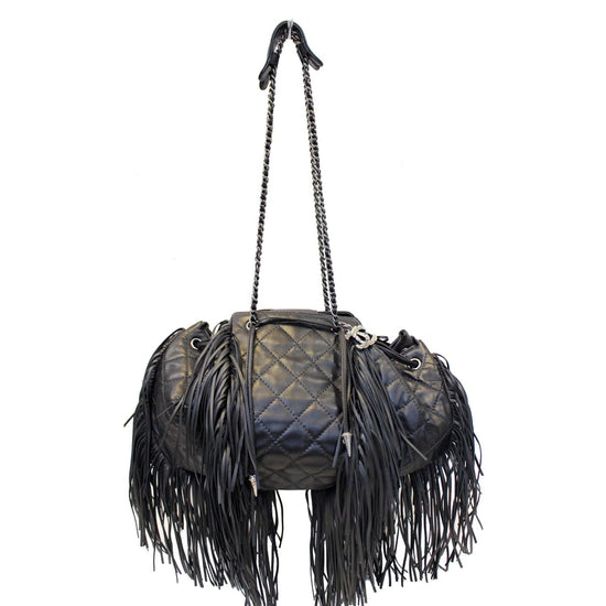 Chanel Black Quilted Leather Metal Chained Fringe Bag at 1stDibs