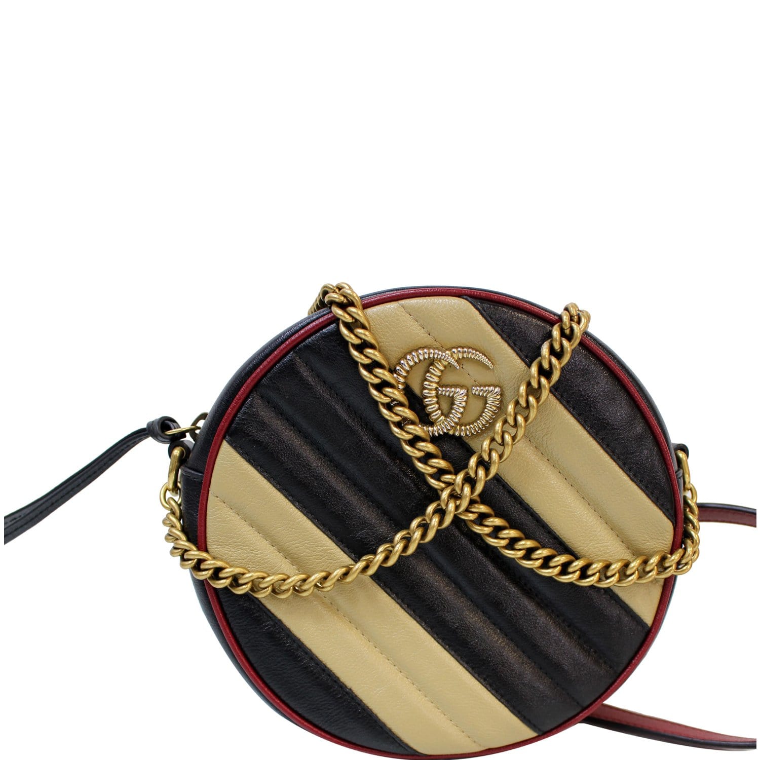 GUCCI Stripe GG Marmont Mini Round Leather Crossbody Bag Black/Beige 5