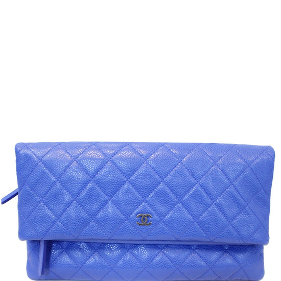 CHANEL Foldover Quilted Caviar Leather Clutch Bag Blue