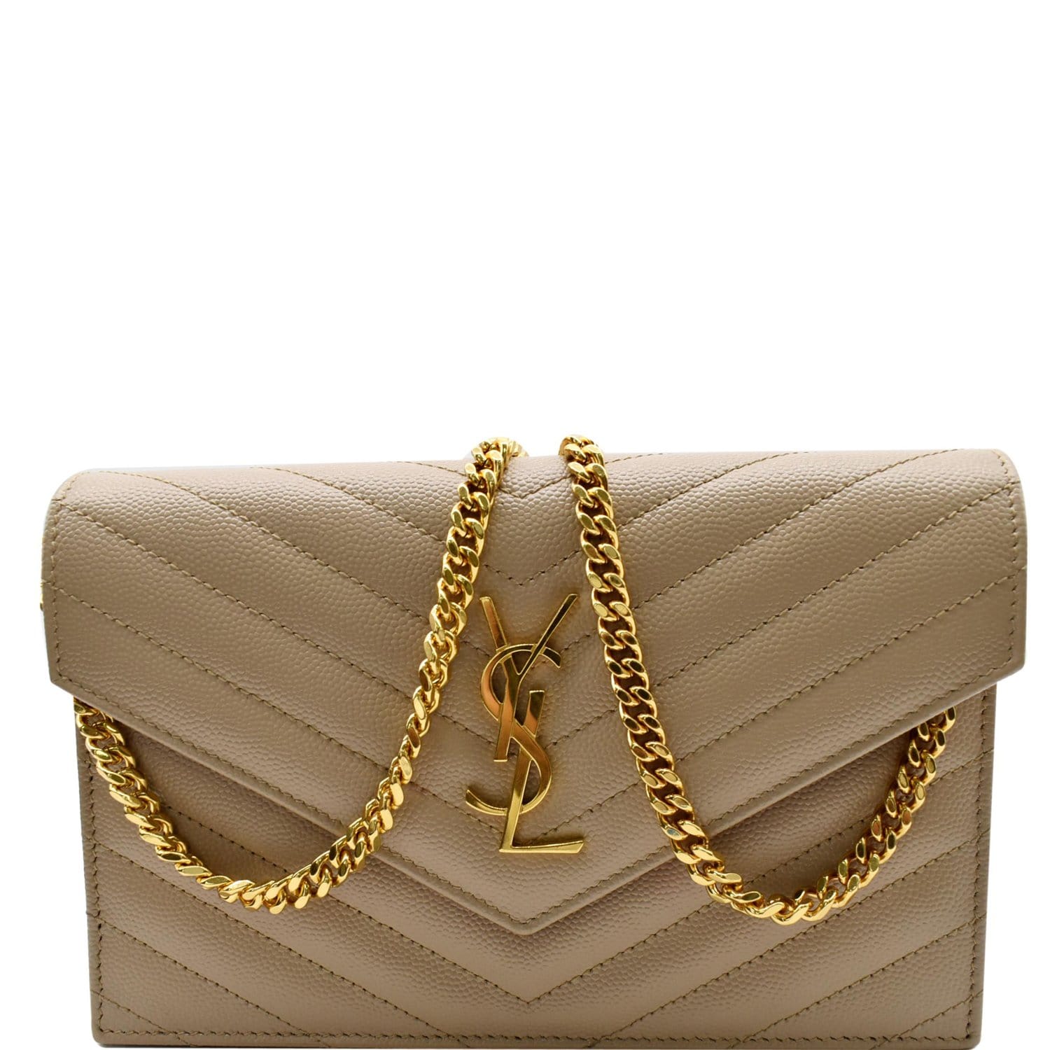 Saint Laurent Cassandre Matelassé Chain Wallet In Grain De Poudre