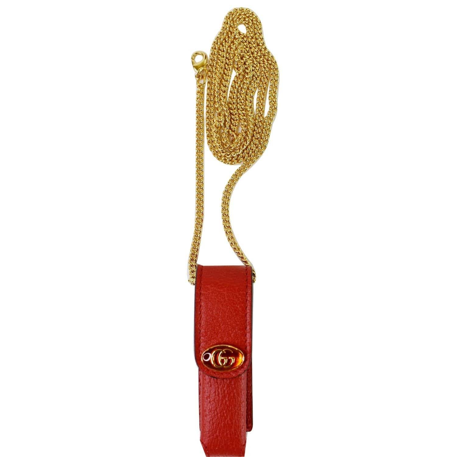 Gucci Porte Rouges Leather Lipstick Case Key Chain In Lobster Red