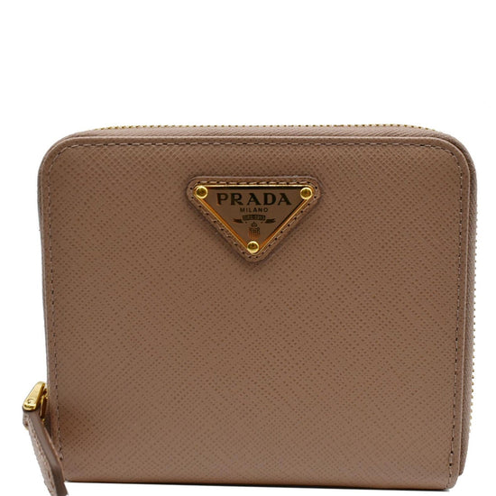 Prada Beige Saffiano Leather Flap Wallet With Metal Bar Detail