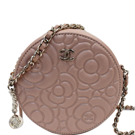 CHANEL Goatskin Camellia Quilted Round Clutch With Chain Light Pink 405251