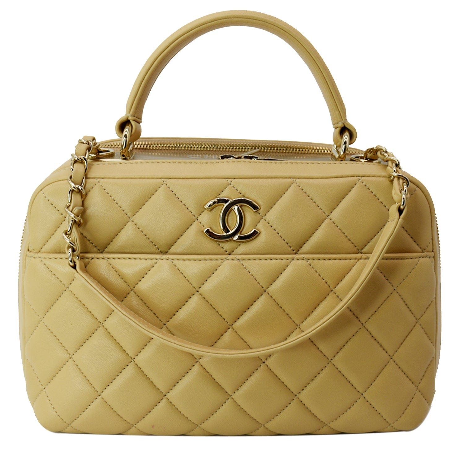 CHANEL Aged Calfskin Quilted Express Bowling Bag Beige 1102675