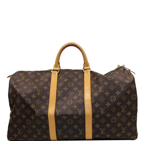 LOUIS VUITTON KEEPALL 50 TRAVEL BAG, monogram canvas with full top double  zip closure, two top handles with leather trims and leather tag with  B.T.R.W. initials, 50cm x 27cm x 22cm.