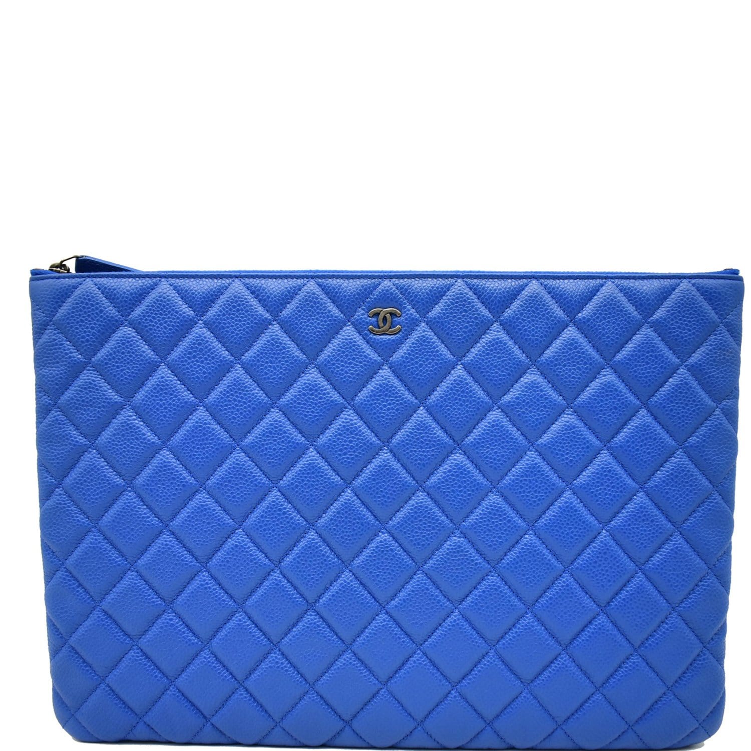 CHANEL Caviar Leather Large O-Case Zip Pouch Blue