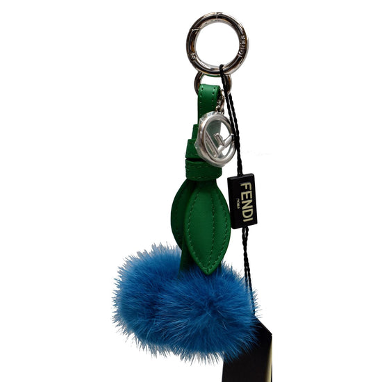 2 Real mink fur bag charm/keychain pompoms blue color with leather