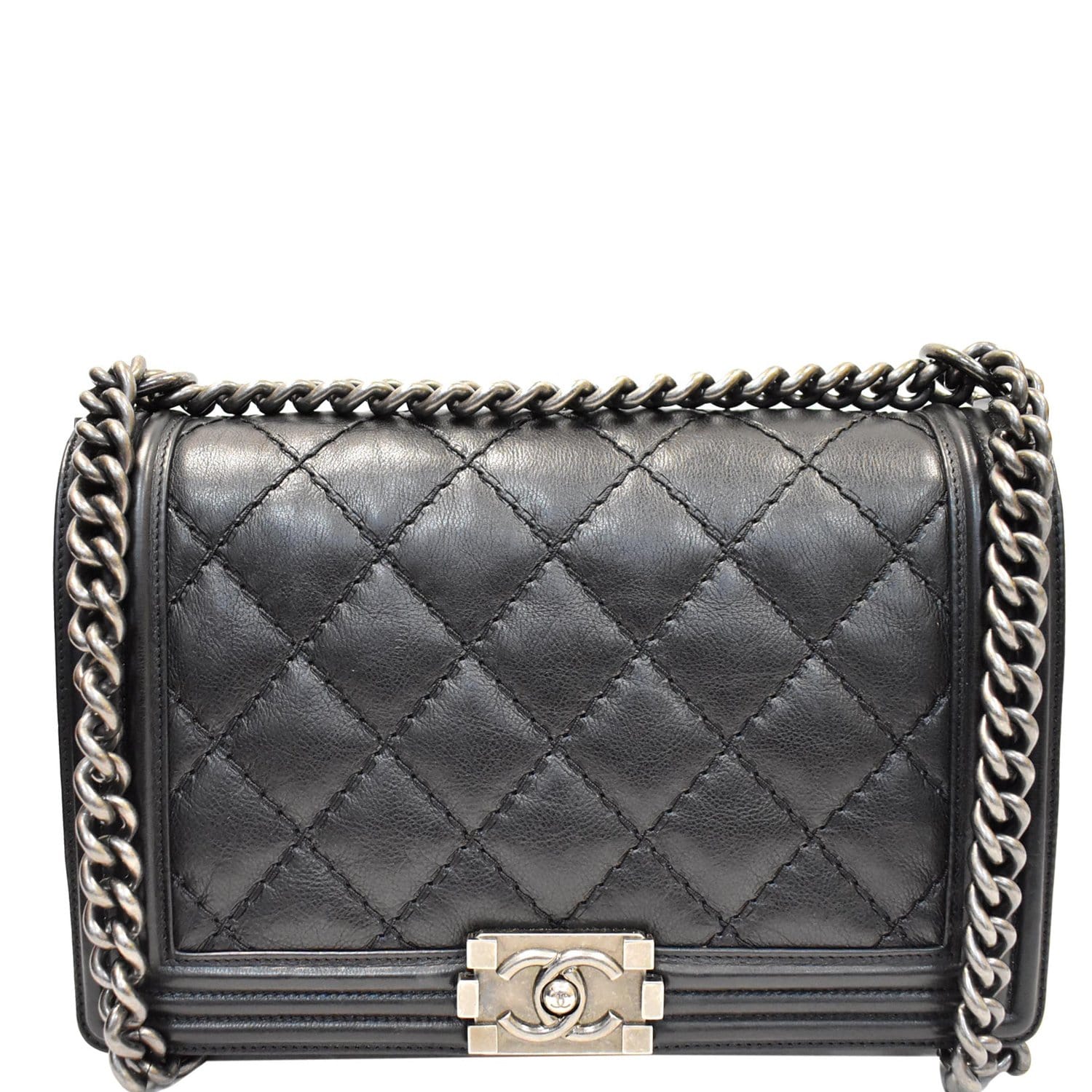 CHANEL Double Stitch Boy Flap Medium Calfskin Shoulder Bag Black