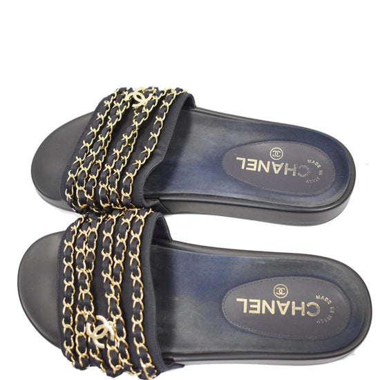 CHANEL Tropiconic Chain Fabric Mules Slides Sandals Black US 8