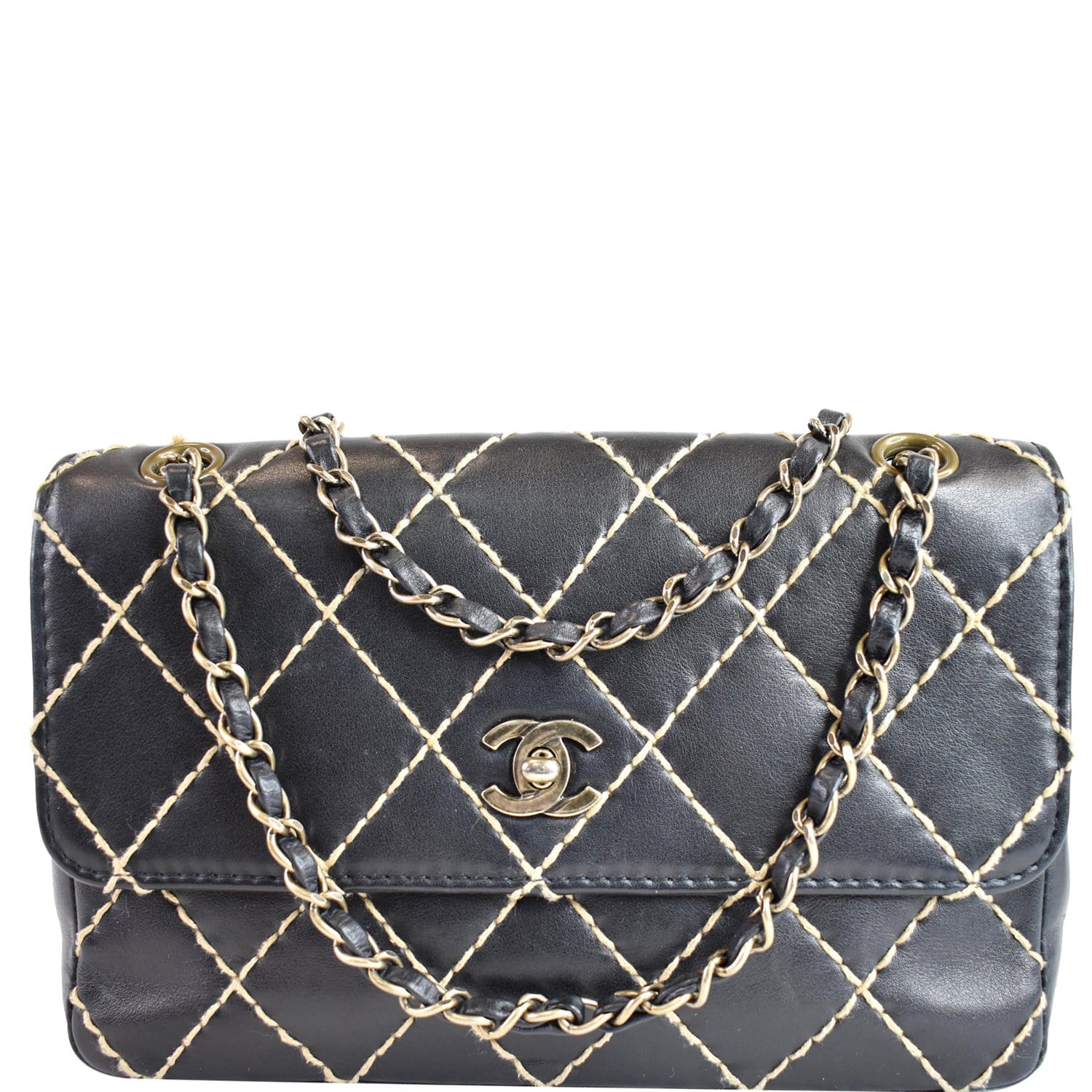 Chanel Medium Logo Gold Enchained Calfskin Quilted Black Leather Flap Bag