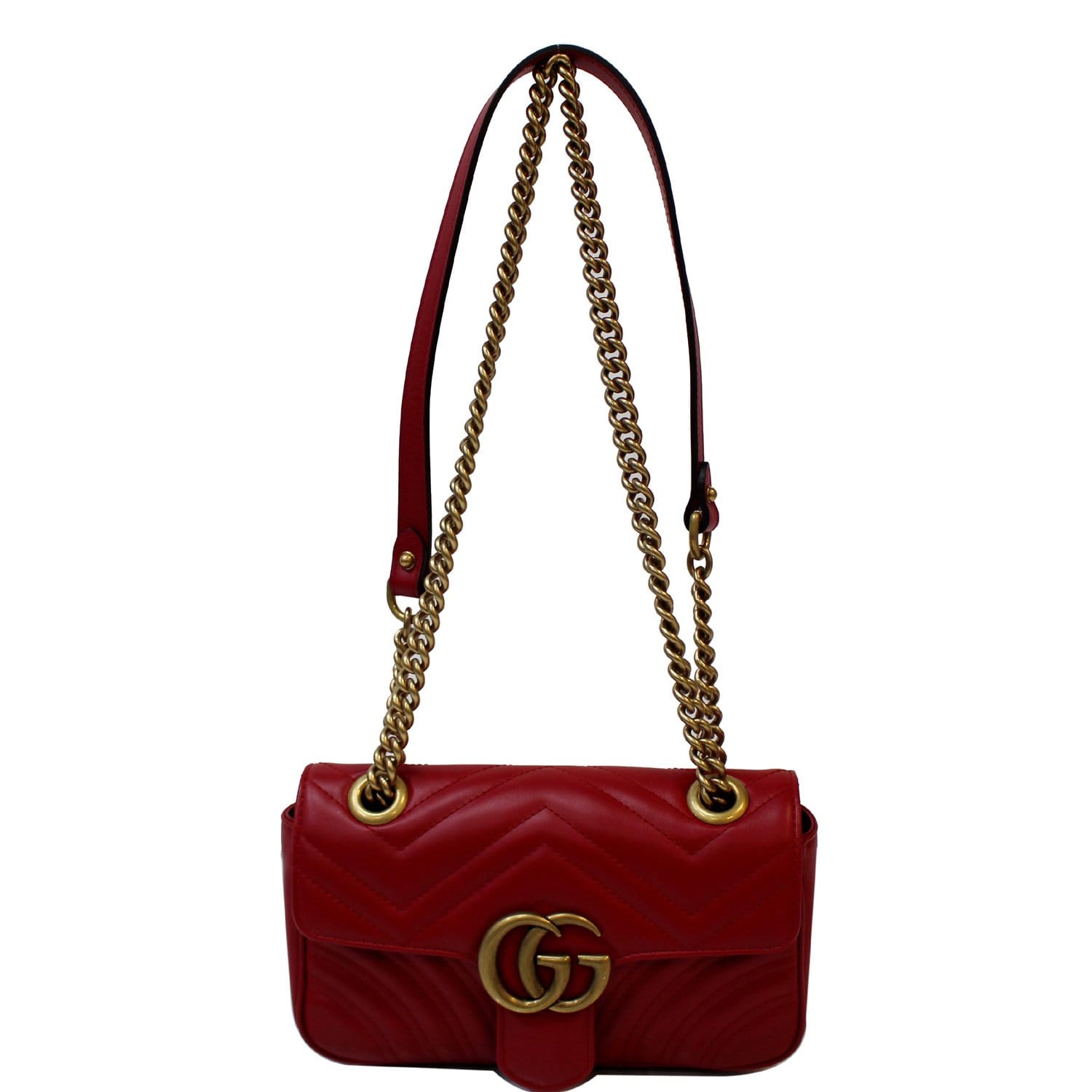 GUCCI  GG Marmont Chevron Leather with Red Trim Shoulder Bag in