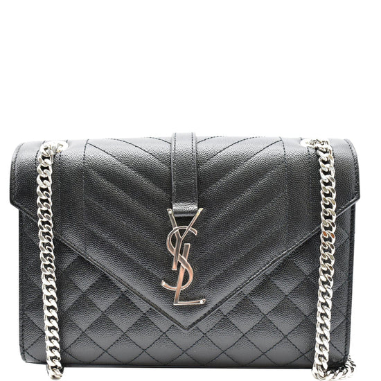 Authentic Saint Laurent YSL Medium Leather Chain Envelope Bag (M size, Noir)