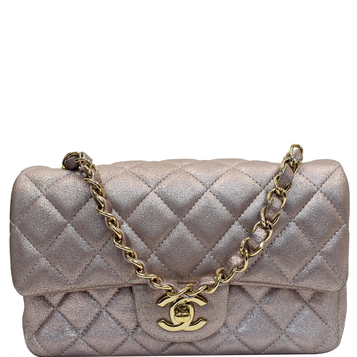 CHANEL Mini Square Flap Quilted Leather Shoulder Bag Metallic Silver